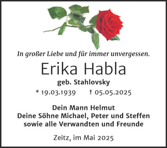 Traueranzeige von Erika Habla von Trauerkombi Zeitz