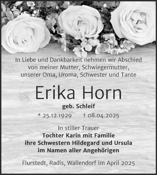 Traueranzeige von Erika Horn von Trauerkombi Wittenberg