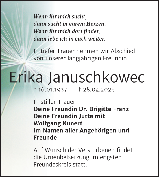 Traueranzeige von Erika Januschkowec von Trauerkombi Wittenberg