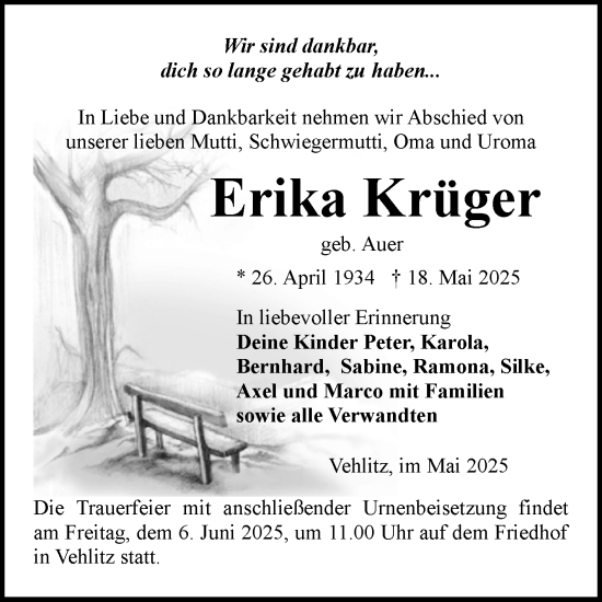Traueranzeige von Erika Krüger von Volksstimme Burg/Genthin