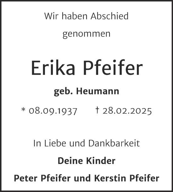 Traueranzeige von Erika Pfeifer von Mitteldeutsche Zeitung Halle/Saalkreis