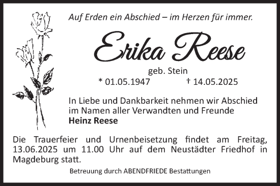 Traueranzeige von Erika Reese von Volksstimme Magdeburg