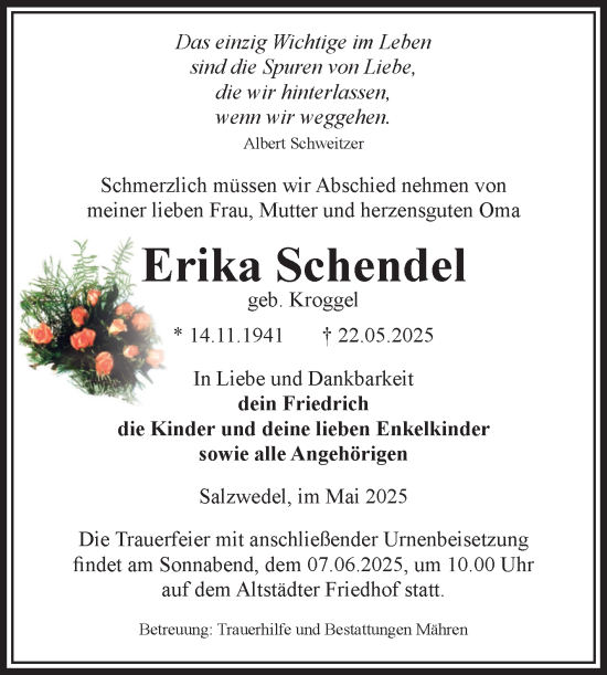 Traueranzeige von Erika Schendel von Volksstimme Altmark West