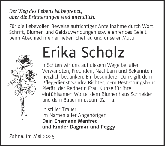 Traueranzeige von Erika Scholz von Trauerkombi Wittenberg