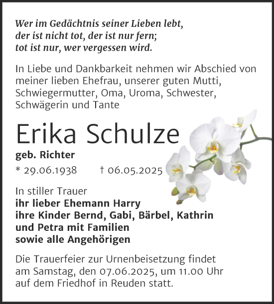 Traueranzeige von Erika Schulze von Trauerkombi Zeitz