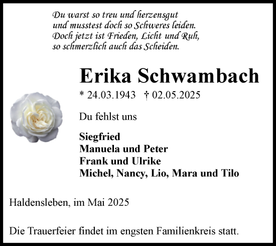 Traueranzeige von Erika Schwambach von Volksstimme Haldensleben/Wolmirstedt