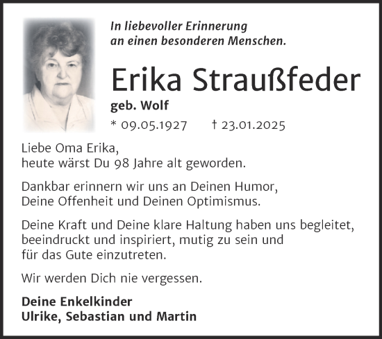 Traueranzeige von Erika Straußfeder von Mitteldeutsche Zeitung Aschersleben
