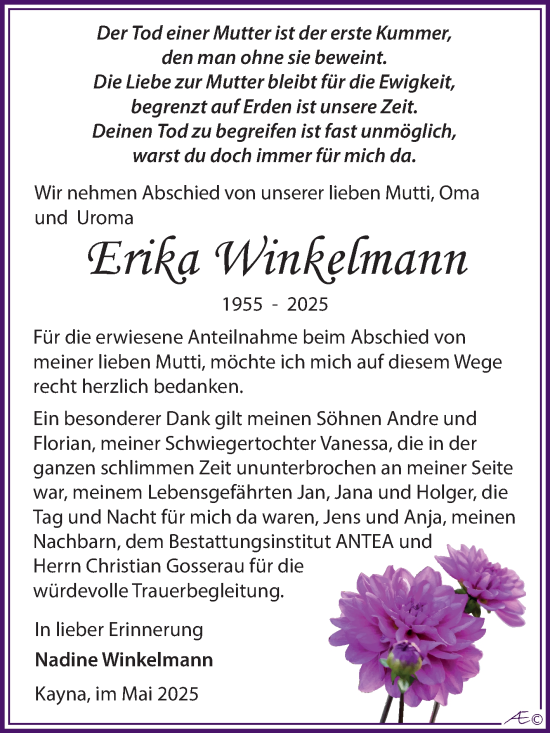 Traueranzeige von Erika Winkelmann von Trauerkombi Zeitz