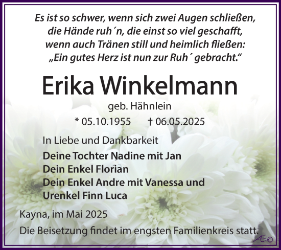 Traueranzeige von Erika Winkelmann von Trauerkombi Zeitz