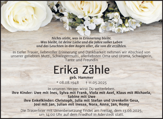 Traueranzeige von Erika Zähle von Trauerkombi Bernburg