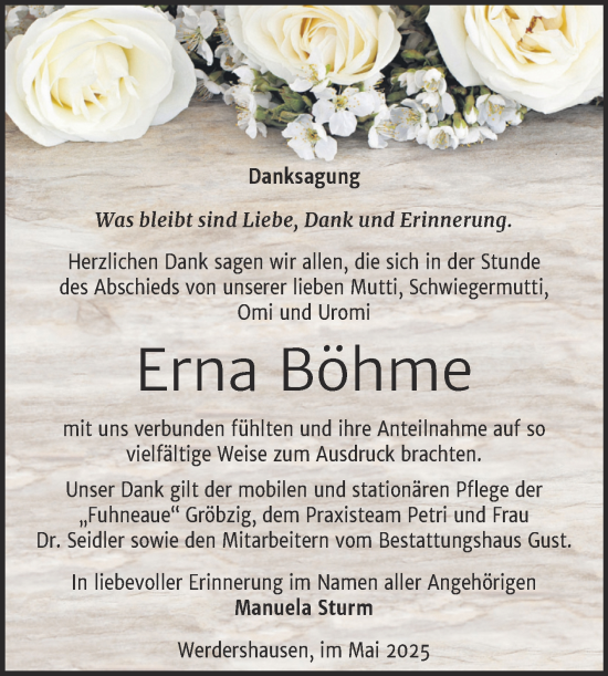 Traueranzeige von Erna Böhme von Trauerkombi Köthen