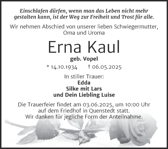 Traueranzeige von Erna Kaul von Trauerkombi Mansfelder Land