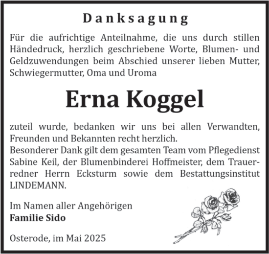 Traueranzeige von Erna Koggel von Volksstimme Halberstadt