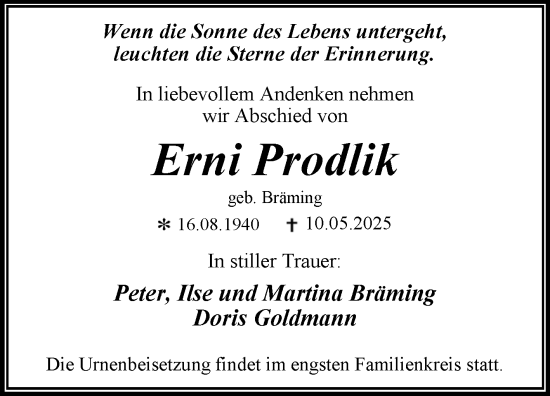 Traueranzeige von Erni Prodlik von Volksstimme Zerbst