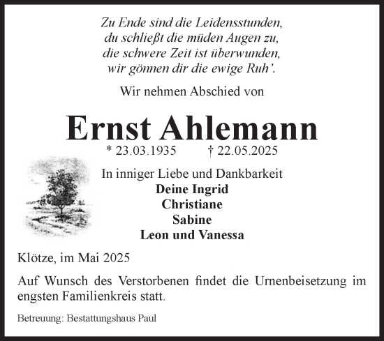 Traueranzeige von Ernst Ahlemann von Volksstimme Altmark West
