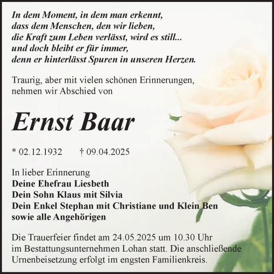 Traueranzeige von Ernst Baar von Trauerkombi Bitterfeld