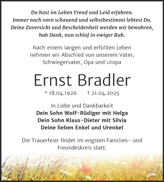 Traueranzeige von Ernst Bradler von Trauerkombi Bitterfeld