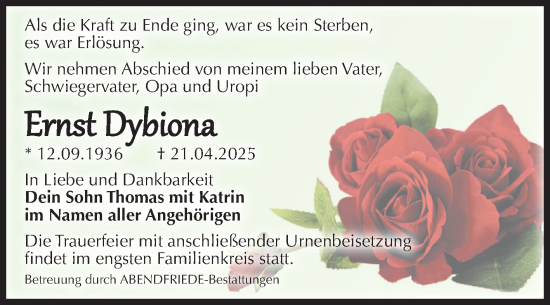 Traueranzeige von Ernst Dybiona von Volksstimme Magdeburg