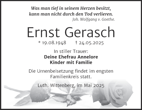 Traueranzeige von Ernst Gerasch von Trauerkombi Wittenberg