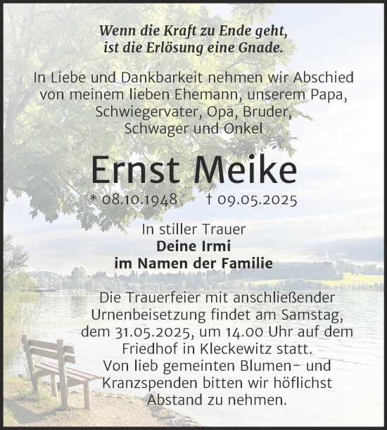 Traueranzeige von Ernst Meike von Trauerkombi Bitterfeld