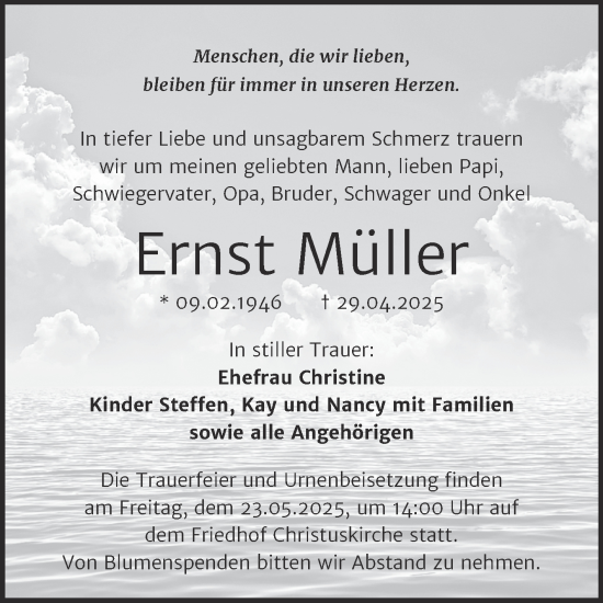 Traueranzeige von Ernst Müller von Trauerkombi Wittenberg