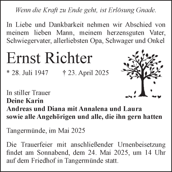 Traueranzeige von Ernst Richter von Volksstimme Altmark Ost