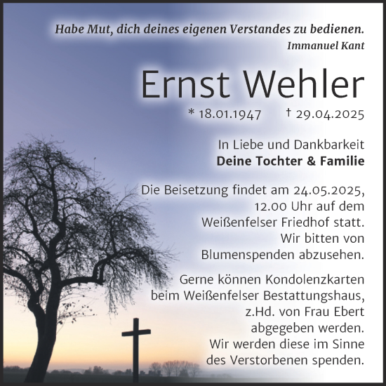Traueranzeige von Ernst Wehler von Trauerkombi Weißenfels