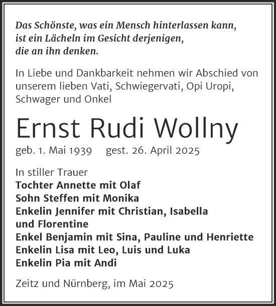 Traueranzeige von Ernst Rudi Wollny von Trauerkombi Zeitz