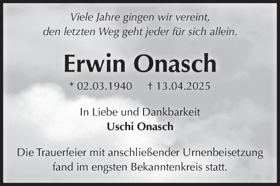 Traueranzeige von Erwin Onasch von Volksstimme Burg/Genthin