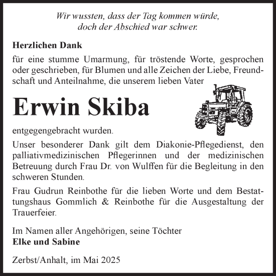 Traueranzeige von Erwin Skiba von Volksstimme Zerbst