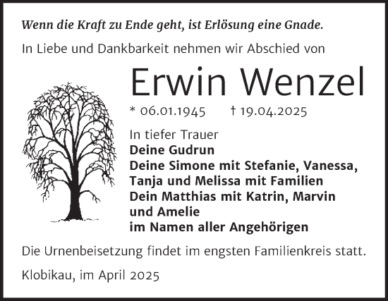 Traueranzeige von Erwin Wenzel von Trauerkombi Merseburg
