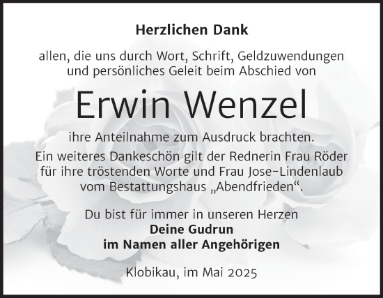 Traueranzeige von Erwin Wenzel von Trauerkombi Merseburg