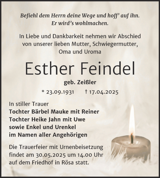 Traueranzeige von Esther Feindel von Trauerkombi Bitterfeld