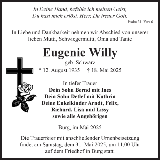 Traueranzeige von Eugenie Willy 