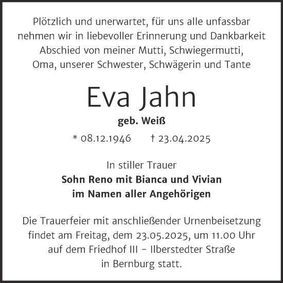 Traueranzeige von Eva Jahn von Trauerkombi Bernburg