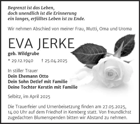 Traueranzeige von Eva Jerke von Trauerkombi Wittenberg
