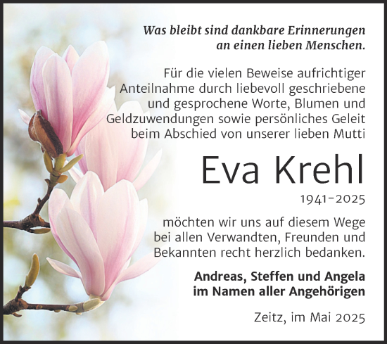 Traueranzeige von Eva Krehl von Trauerkombi Zeitz