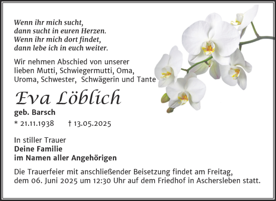 Traueranzeige von Eva Löblich von Trauerkombi Aschersleben