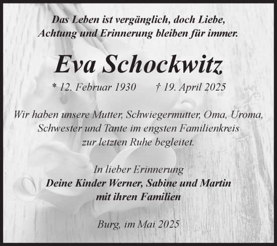Traueranzeige von Eva Schockwitz von Volksstimme Burg/Genthin