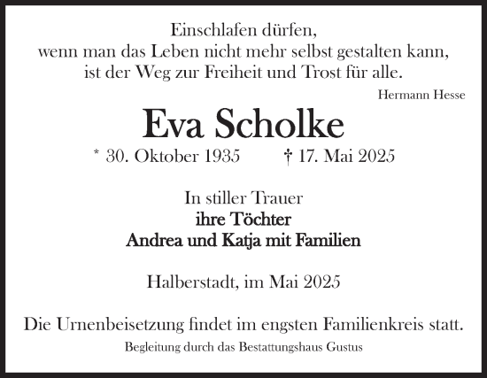 Traueranzeige von Eva Scholke von Volksstimme Halberstadt