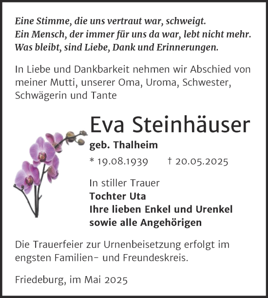 Traueranzeige von Eva Steinhäuser von Trauerkombi Mansfelder Land