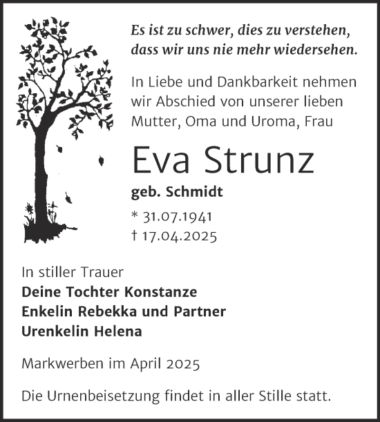 Traueranzeige von Eva Strunz von Trauerkombi Weißenfels