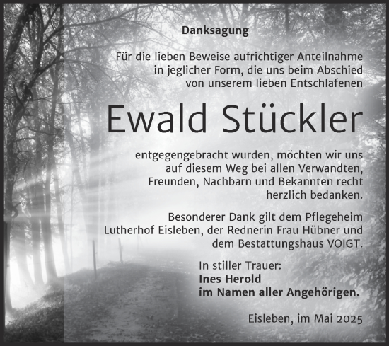 Traueranzeige von Ewald Stückler von Trauerkombi Mansfelder Land