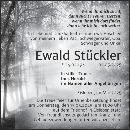 Traueranzeige von Ewald Stückler von Trauerkombi Mansfelder Land