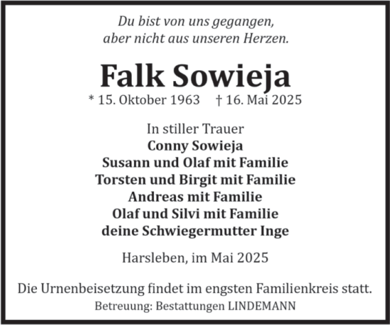 Traueranzeige von Falk Sowieja von Volksstimme Halberstadt