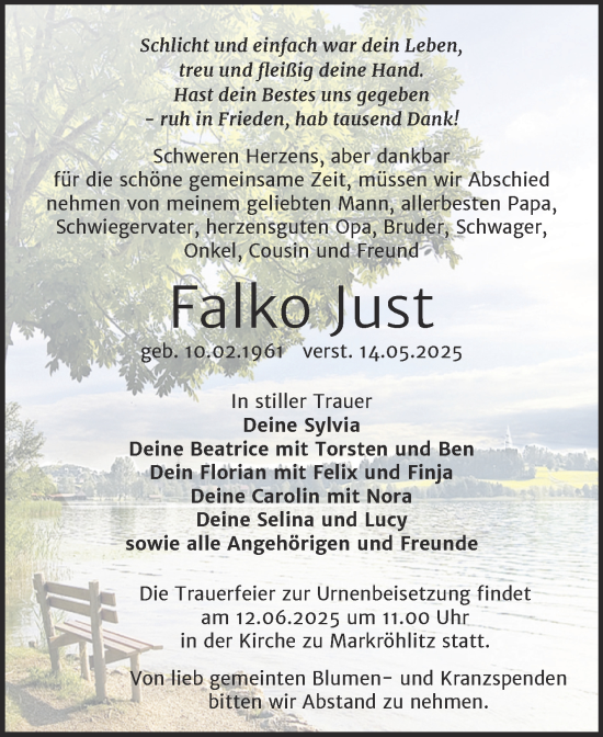 Traueranzeige von Falko Just von Trauerkombi Weißenfels