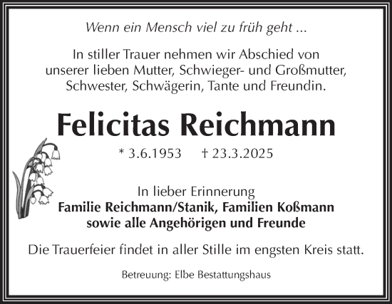 Traueranzeige von Felicitas Reichmann von Volksstimme Magdeburg