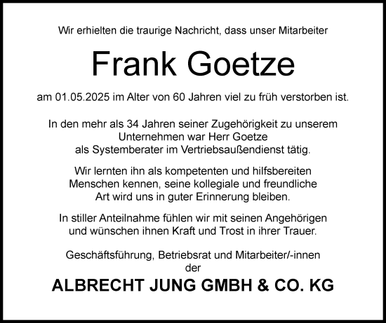 Traueranzeige von Frank Goetze von Volksstimme Magdeburg