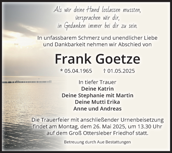 Traueranzeige von Frank Goetze von Volksstimme Magdeburg