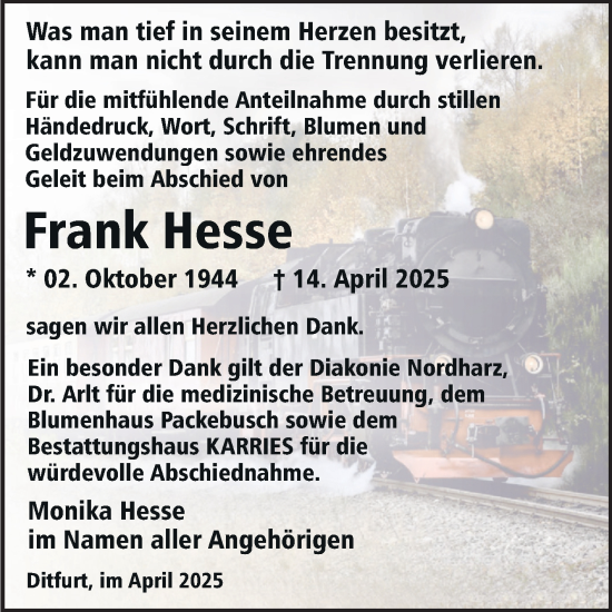 Traueranzeige von Frank Hesse von Trauerkombi Quedlinburg